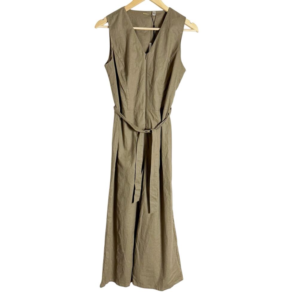 Tahari Olive Green Linen Blend Sleeveless V-Neck Belted Tie Waist Jumpsuit 4